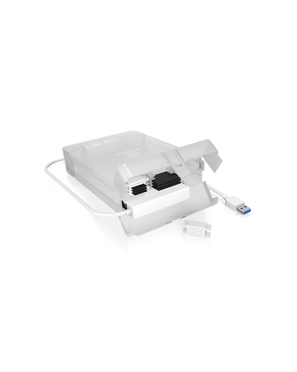 Ein durchsichtiger externer Festplattengehäuse mit USB-Kabel und Anschlüssen.