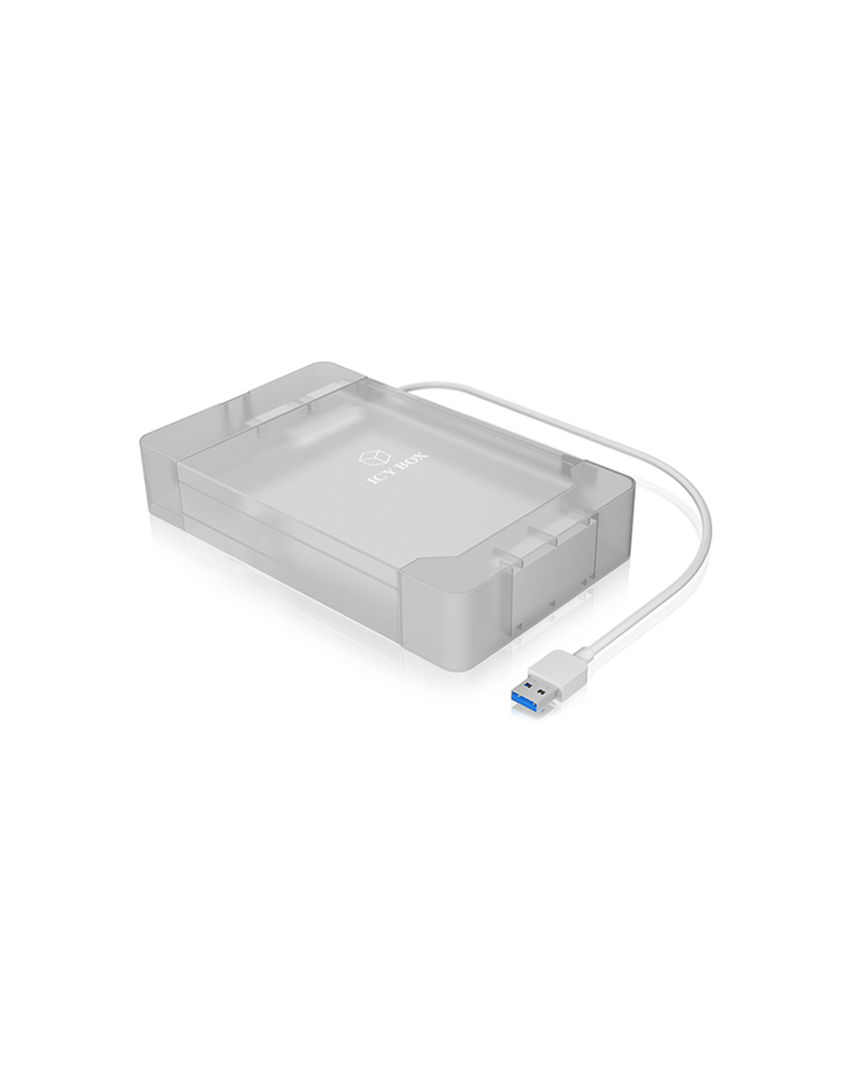 Ein durchsichtiger grauer Festplattengehäuse mit einem USB-Kabel.