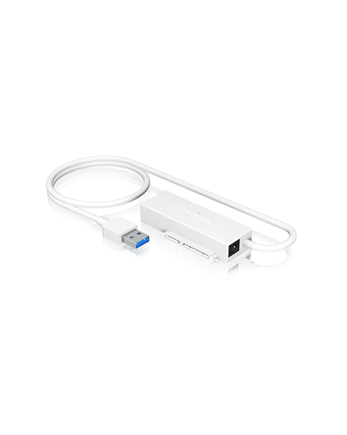 Ein weißer SATA-zu-USB-Adapter mit Kabel und blauem USB 3.0-Anschluss.
