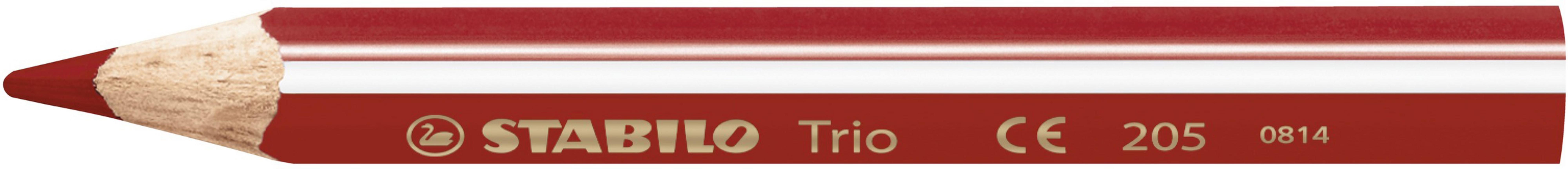 Ein roter Stabilo Trio Bleistift mit einer weißen und einer roten Längsstreifen.