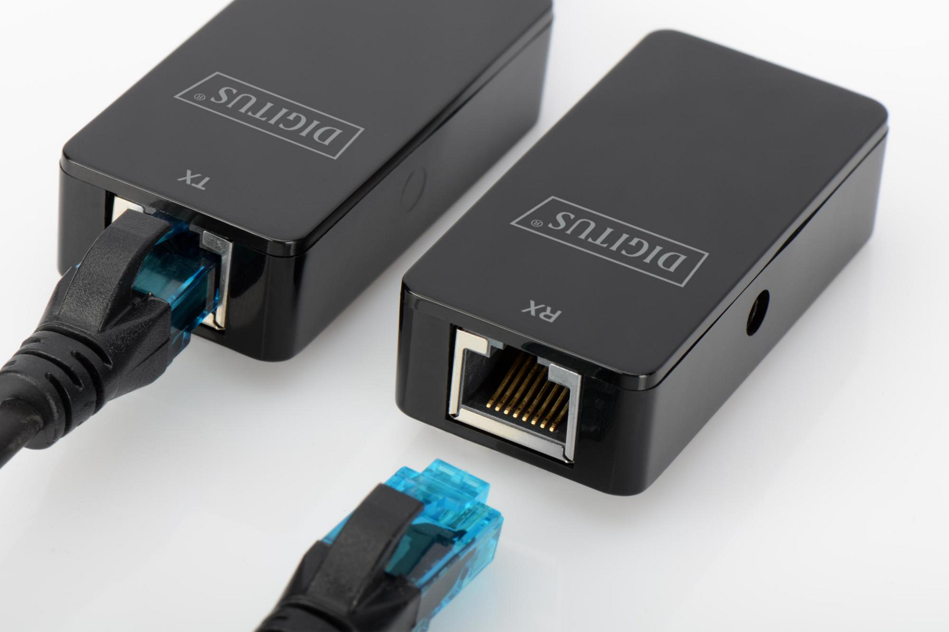 RJ45 portlu ve mavi kablo konektörlü iki siyah DIGITUS adaptör.