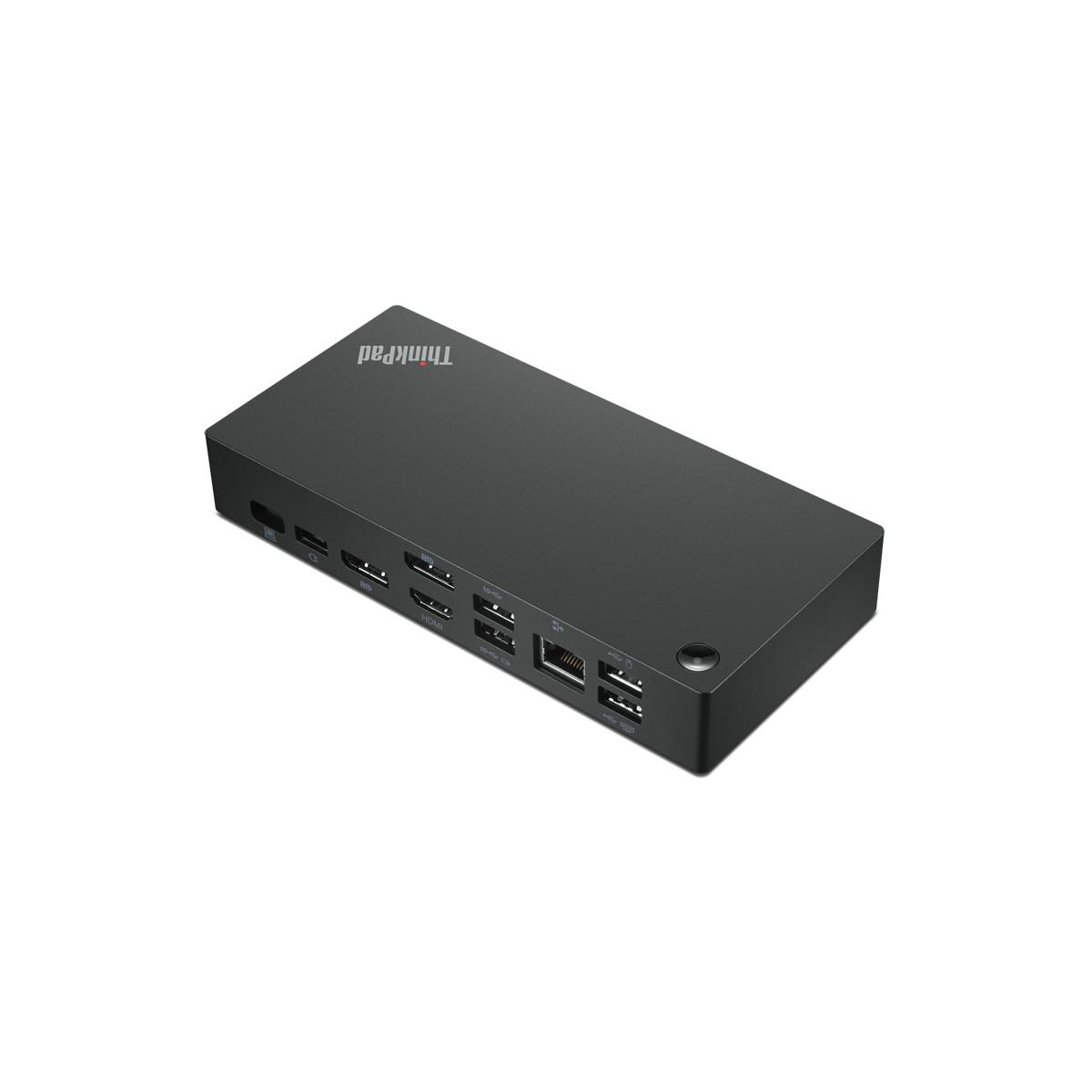 Schwarzer ThinkPad-Dockingstation mit vielen Anschlüssen wie HDMI und USB.
