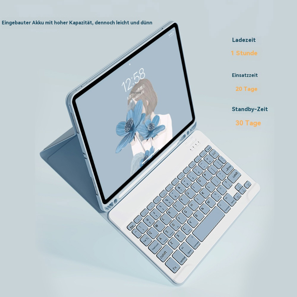 Ein hellblaues Tablet mit einer weißen Tastatur ist auf einem hellblauen Hintergrund zu sehen.
