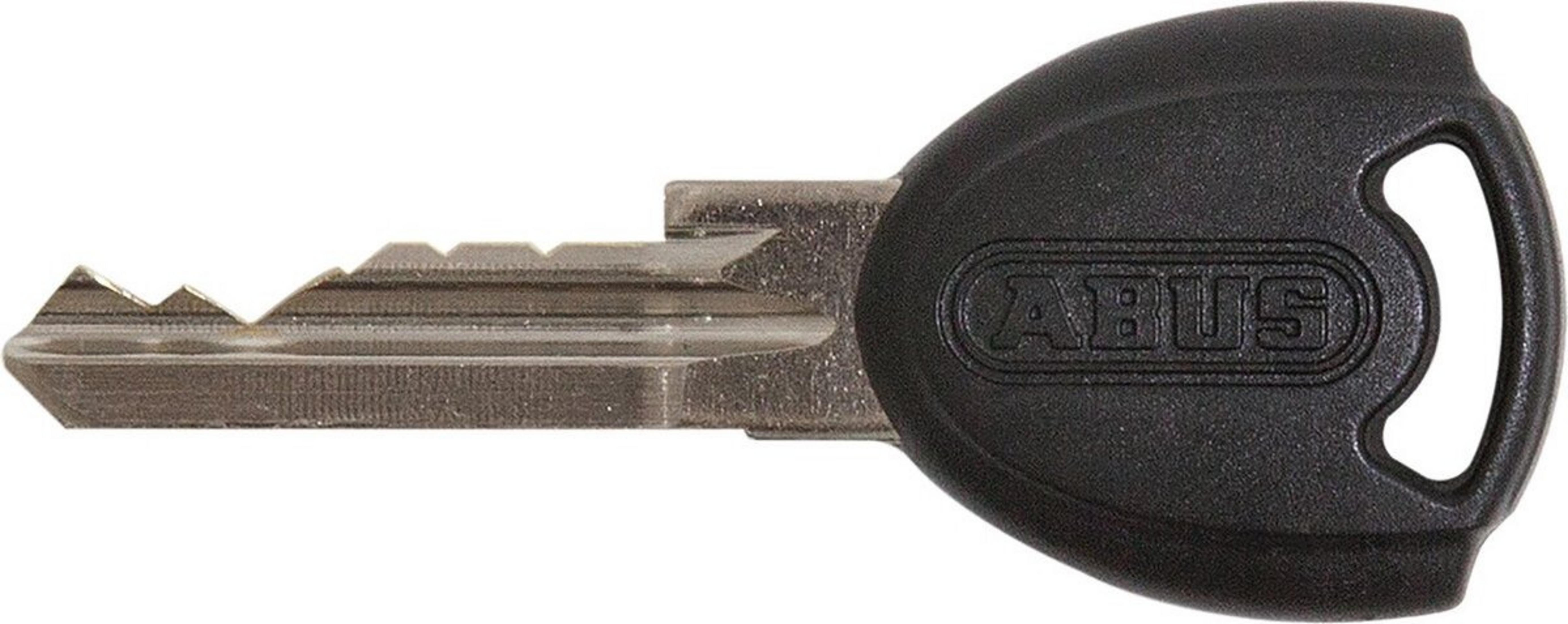 Schwarzer ABUS Schlüssel mit gezackter Metallklinge und ovalem Griff.