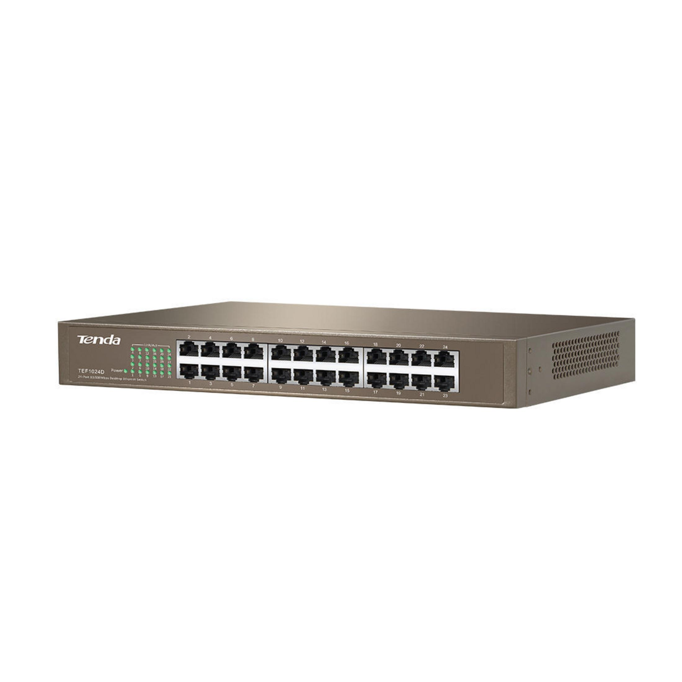Ein silberner Tenda Netzwerk-Switch mit 24 Ports und vielen Lichtern.