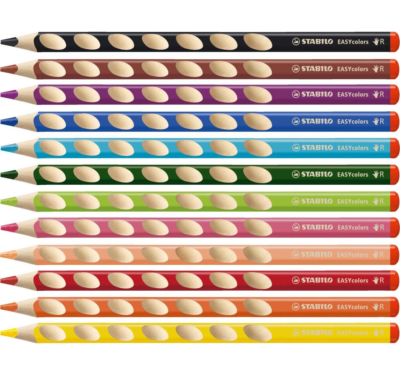 Zehn bunte STABILO EASYcolors Buntstifte mit ovalen Mustern auf hellem Holz.