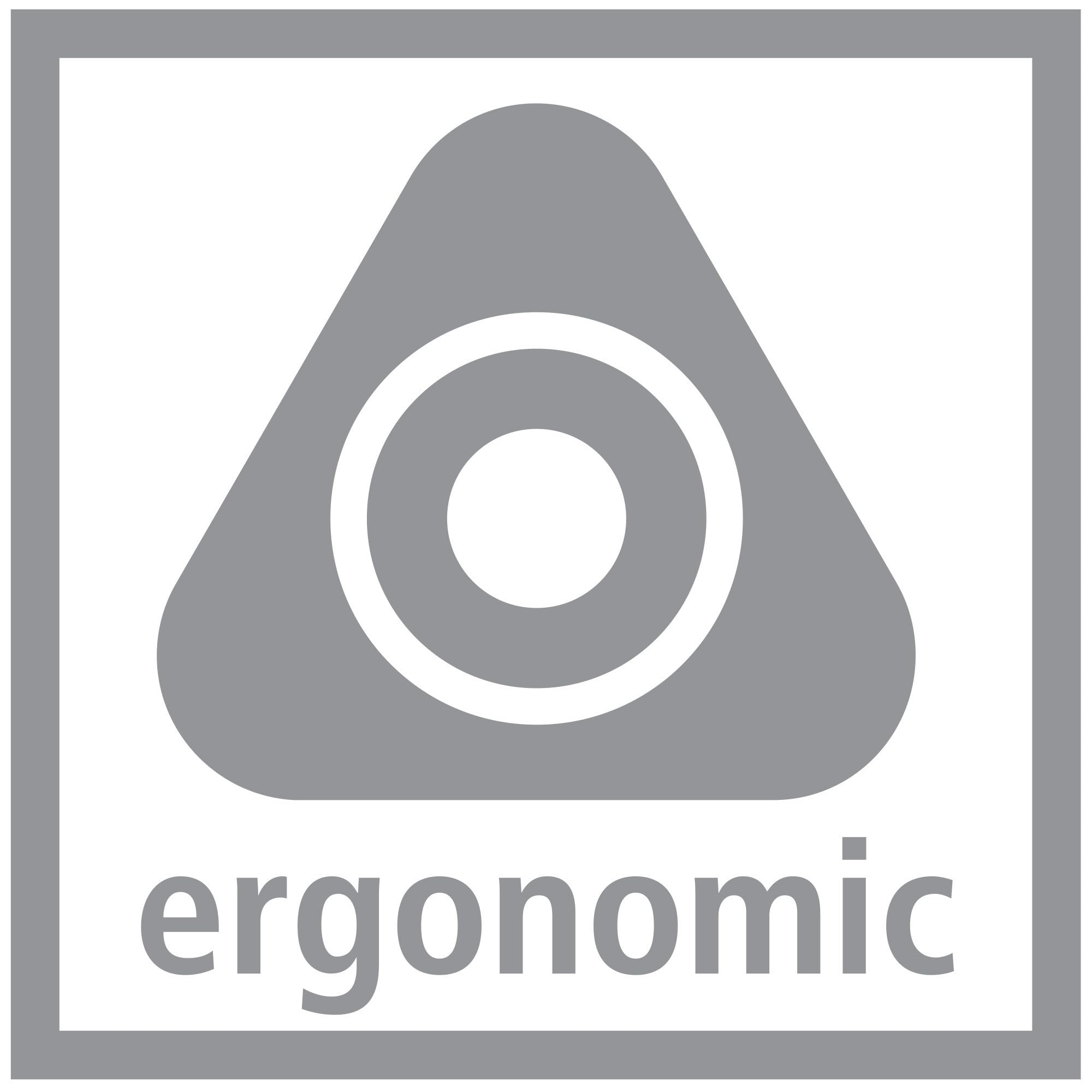 Graues Logo mit Dreieck, konzentrischen Kreisen und Text 'ergonomic'.
