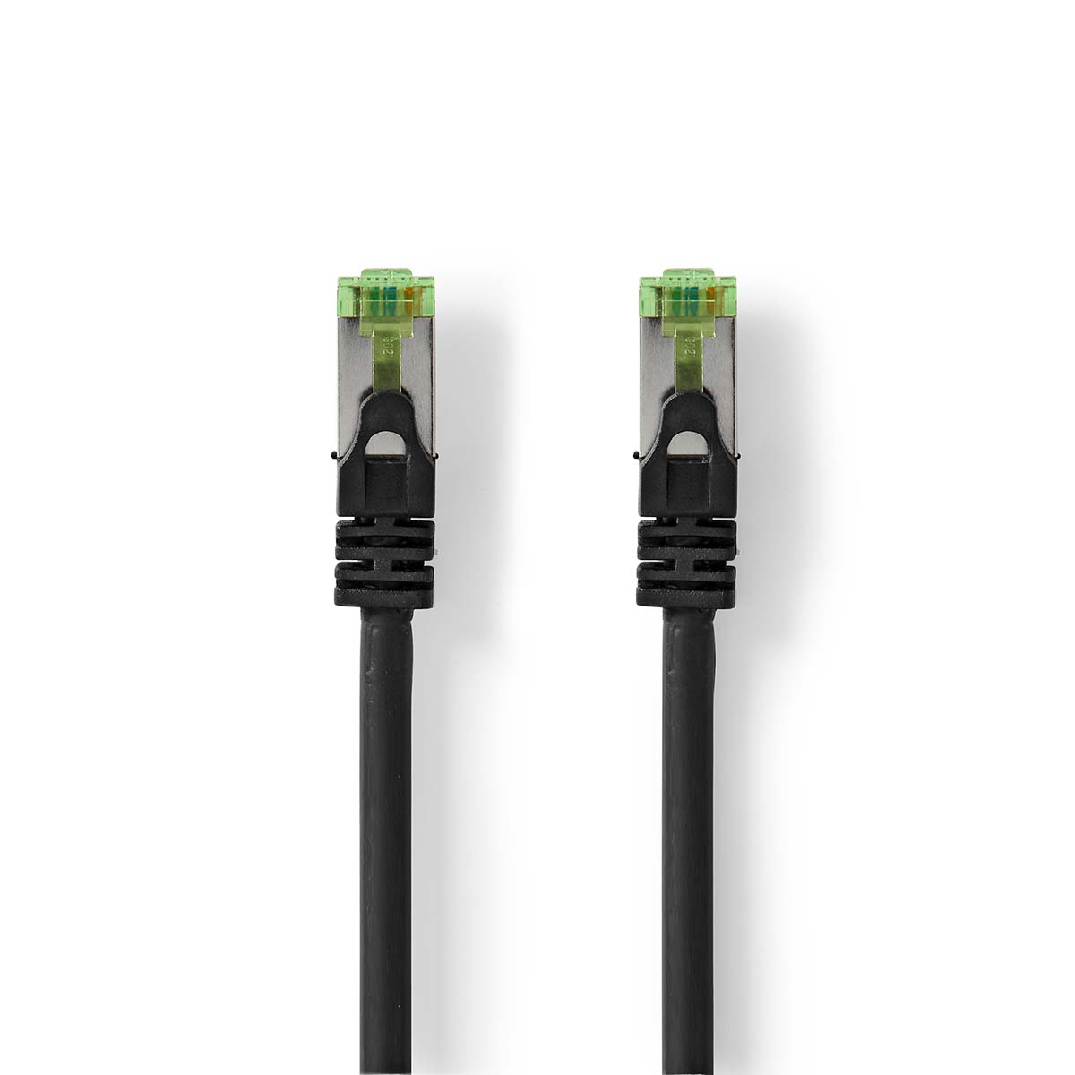 Zwei schwarze Netzwerkkabel mit silbernen Steckern und grünen Akzenten.