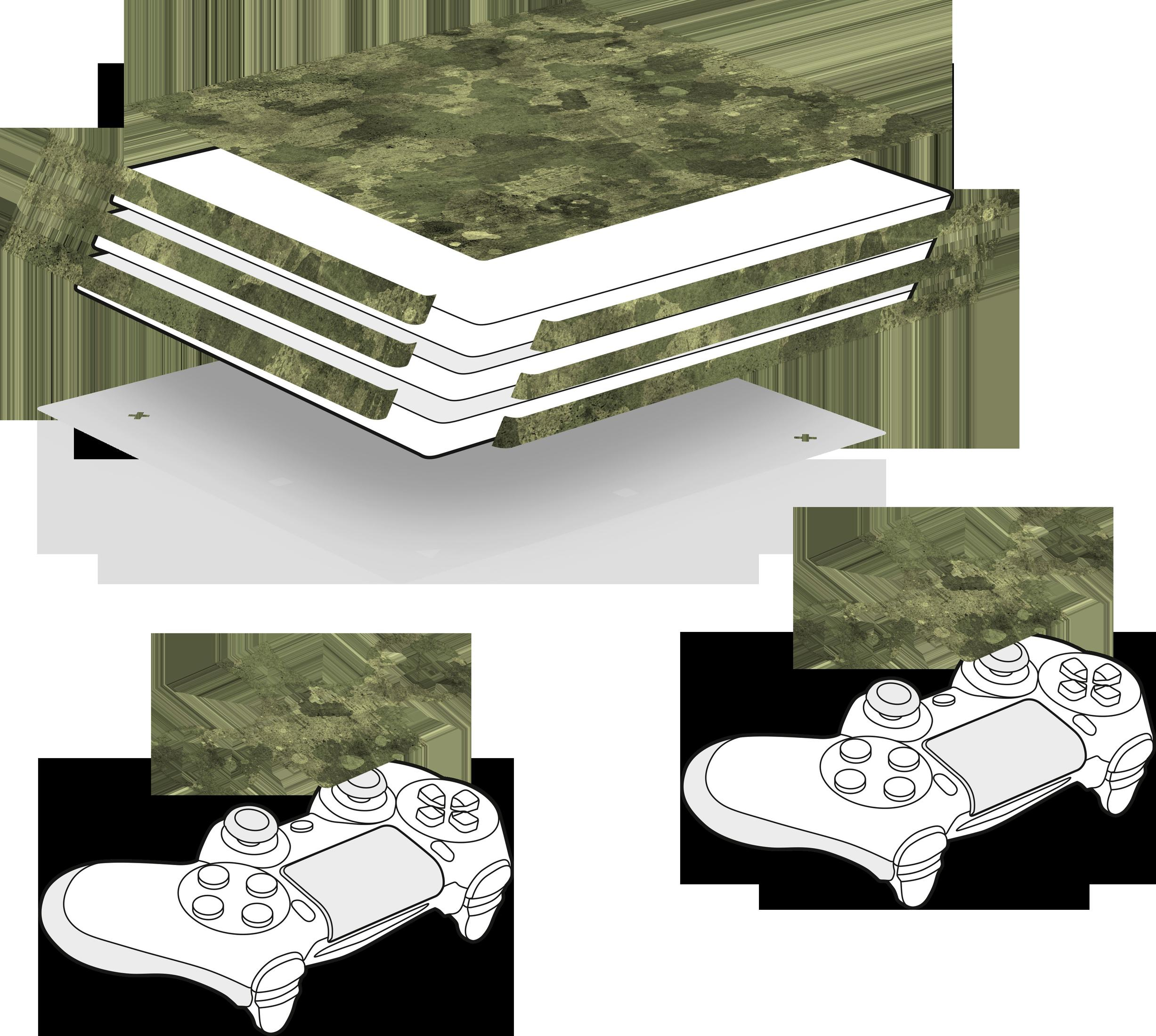 Drei Videospiel-Controller in weißer Umrisszeichnung, mit Tarnmuster-Details.