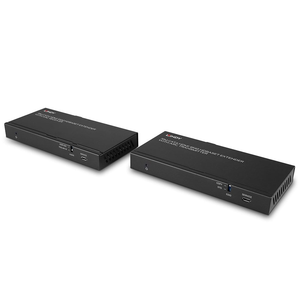 Zwei schwarze LINDY HDMI HDBaseT Extender auf weißem Hintergrund.