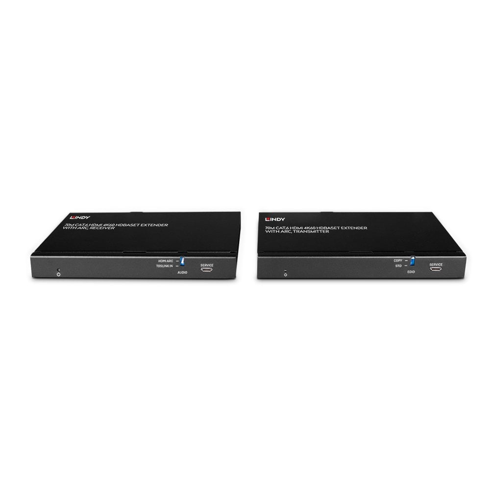 Zwei schwarze Lindy HDBaseT Extender mit Anschlüssen und Beschriftungen.
