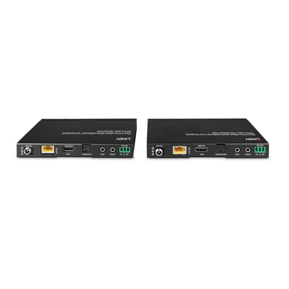 Zwei schwarze Lindy HDMI-Extender mit Anschlüssen und Beschriftungen.