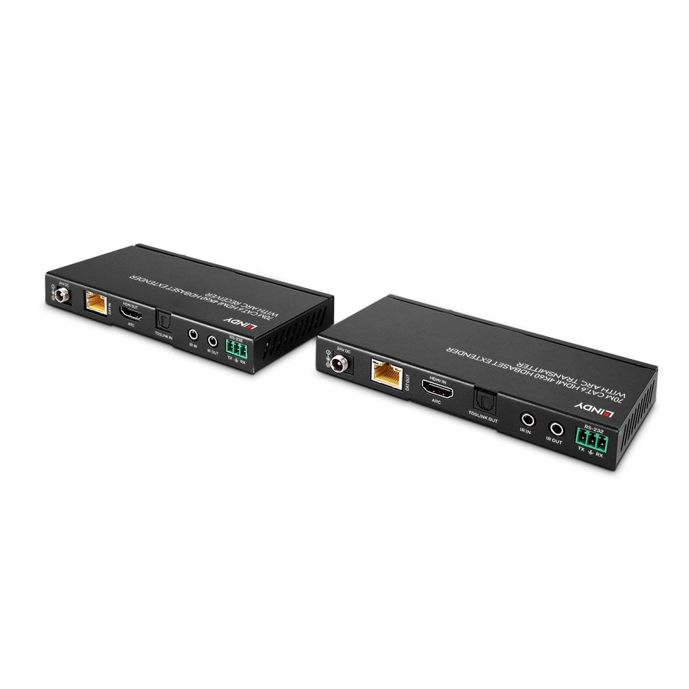 Zwei schwarze Lindy HDMI Extender mit Anschlüssen und Beschriftungen auf weißem Hintergrund.
