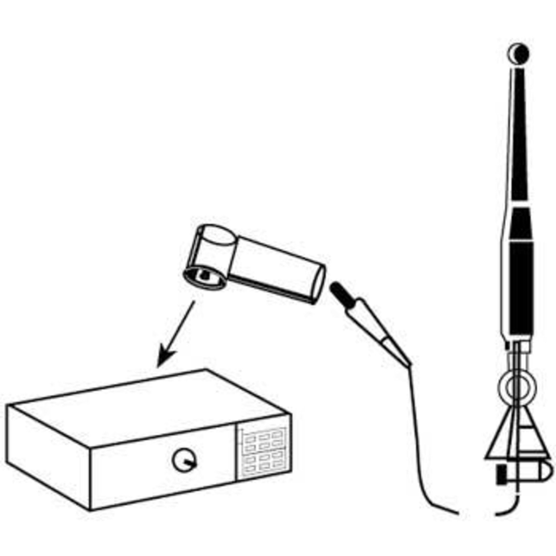 Ein Kasten mit einer Antenne und einem verbundenen Mikrofon.