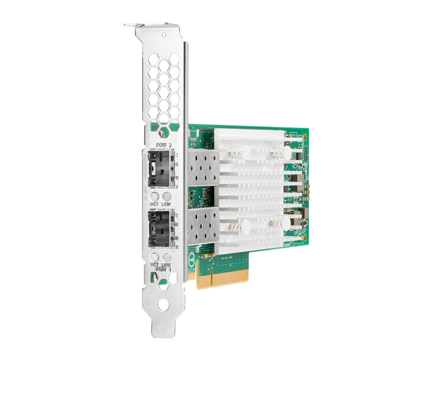 Ein Netzwerkadapter mit zwei Ports und Kühlkörpern auf weißem Hintergrund.