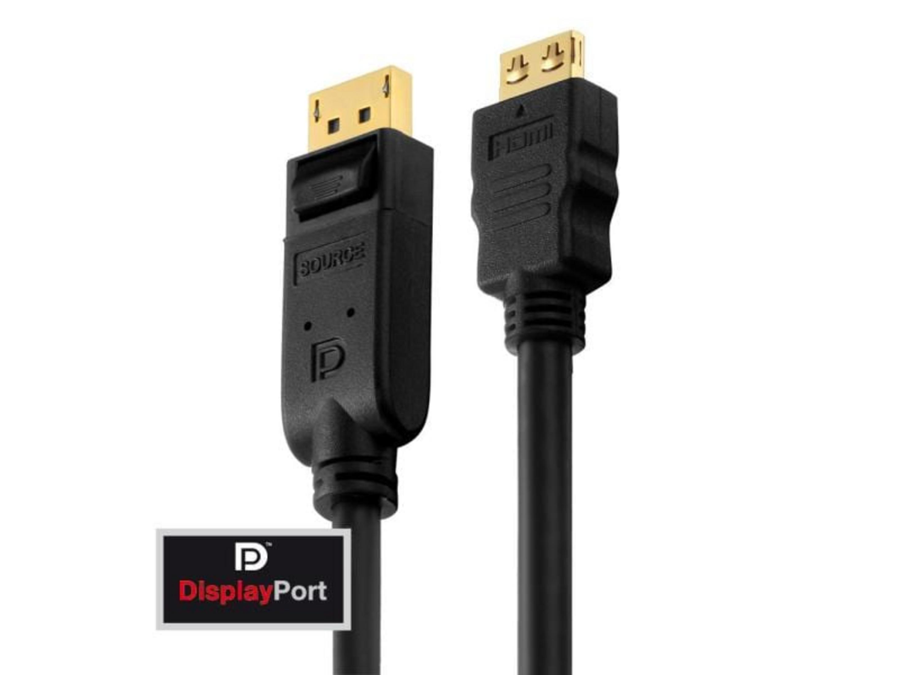 Nahaufnahme eines schwarzen DisplayPort- und HDMI-Kabels mit goldenen Steckern.