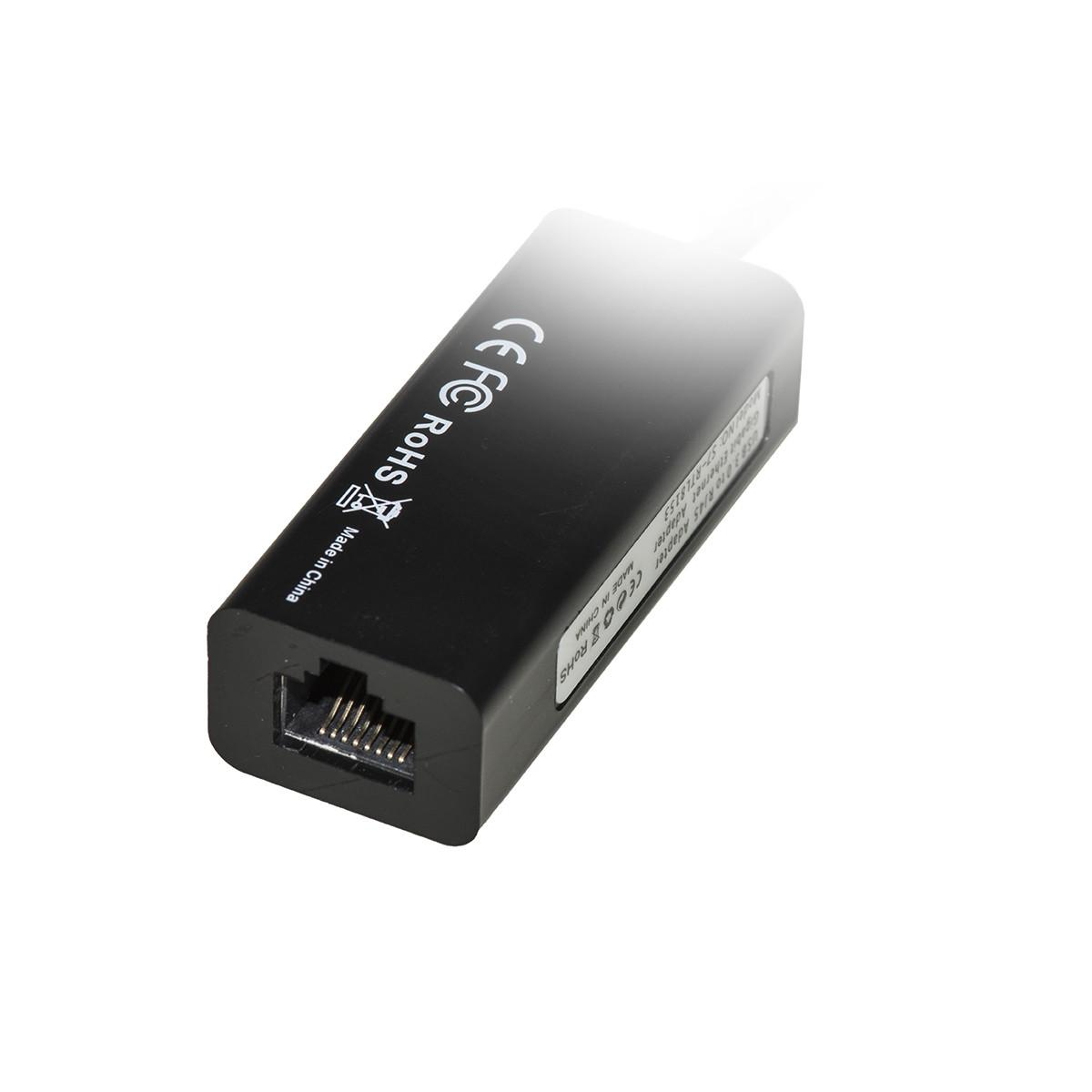 Schwarzer Ethernet-Adapter mit RJ45-Anschluss und CE/FCC/RoHS-Siegeln.