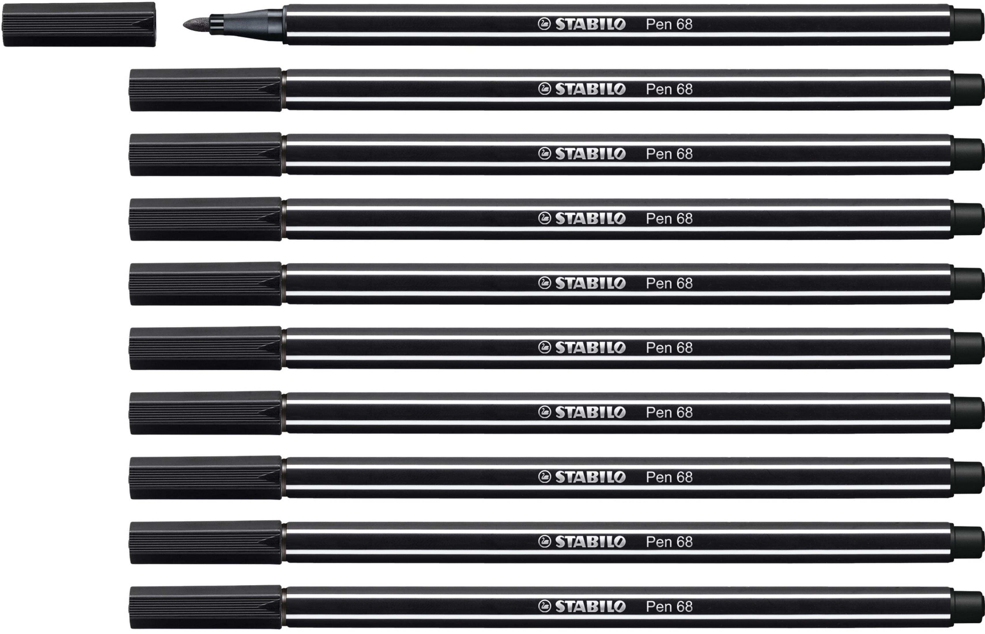 Zehn schwarze Stabilo Pen 68 Filzstifte mit Kappen, auf weißem Hintergrund.