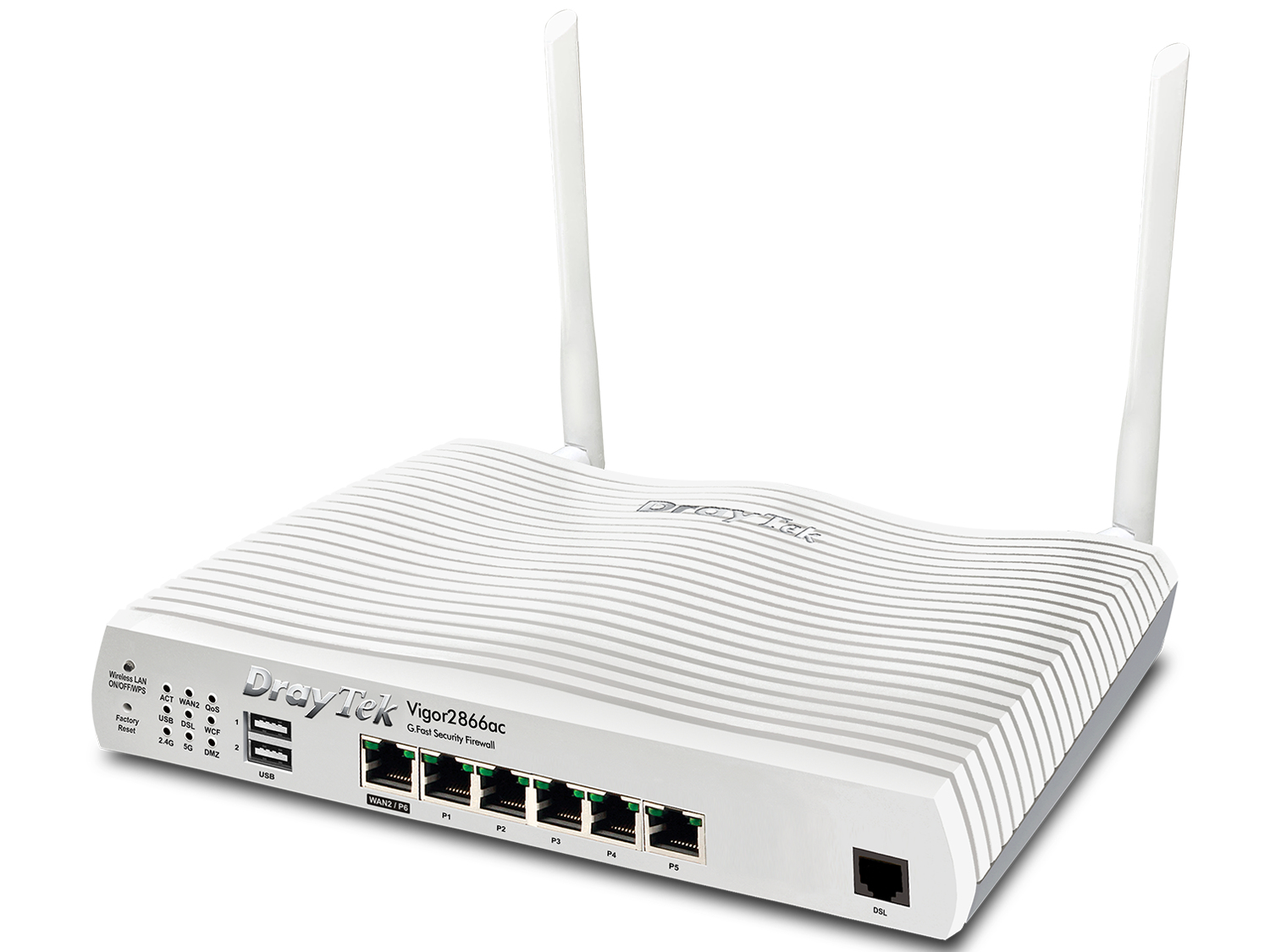 Weißer DrayTek Vigor2866ac Router mit Antennen und Ethernet-Ports.