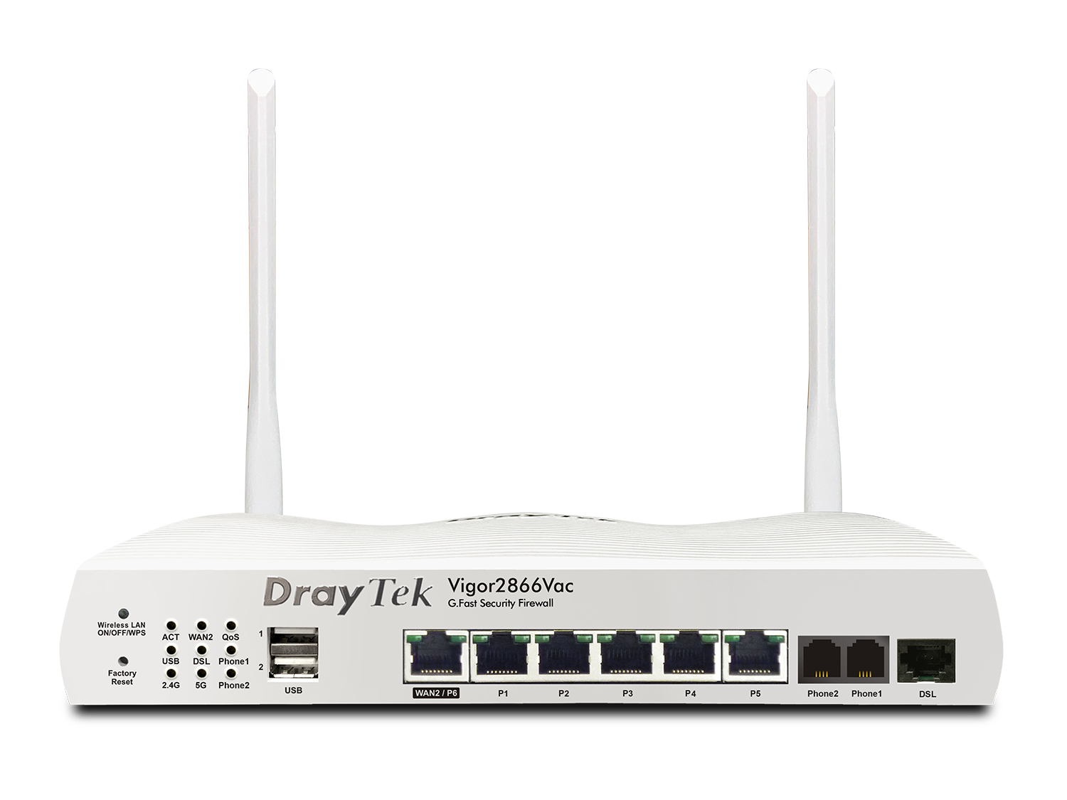 Weiße DrayTek Vigor2866Vac Firewall mit zwei Antennen, USB-Anschlüssen und Ethernet-Ports.