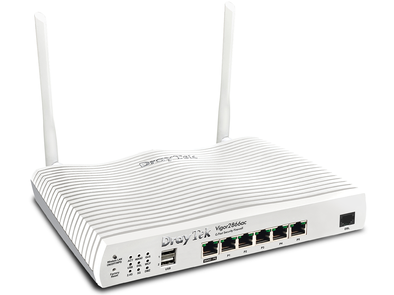 Ein weißer DrayTek Vigor2866ac Router mit zwei Antennen und Anschlüssen.