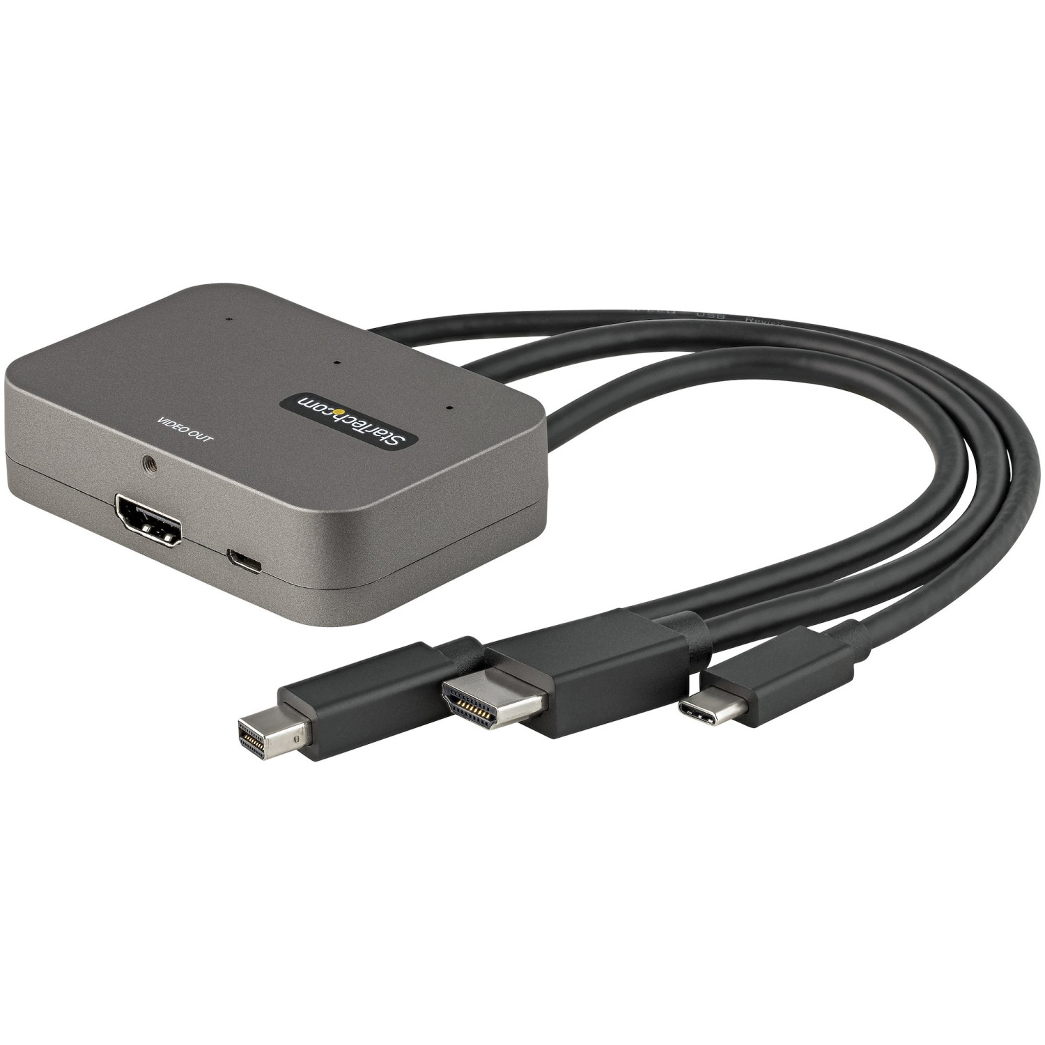 Grauer StarTech-Adapter mit HDMI-, Mini DisplayPort- und USB-C-Kabeln.