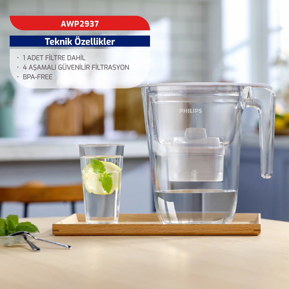 Limonlu su bardağı olan Philips su filtresi sürahisi.
