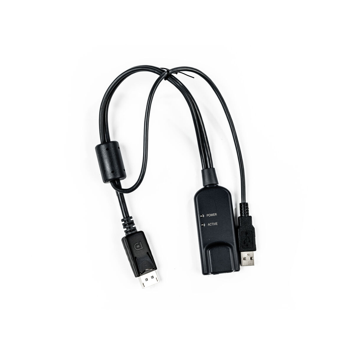 Schwarzer DisplayPort-zu-USB-Adapter mit Kabeln und Anschlüssen für Strom und Aktivität.