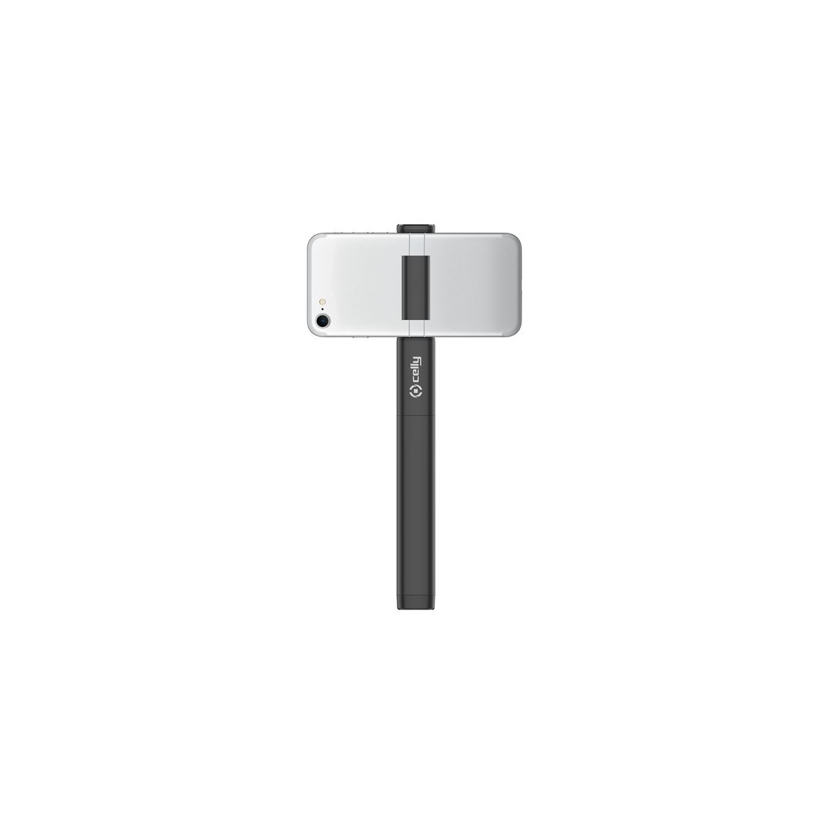 Ein schwarzer Selfie-Stick mit einem daran befestigten Smartphone.