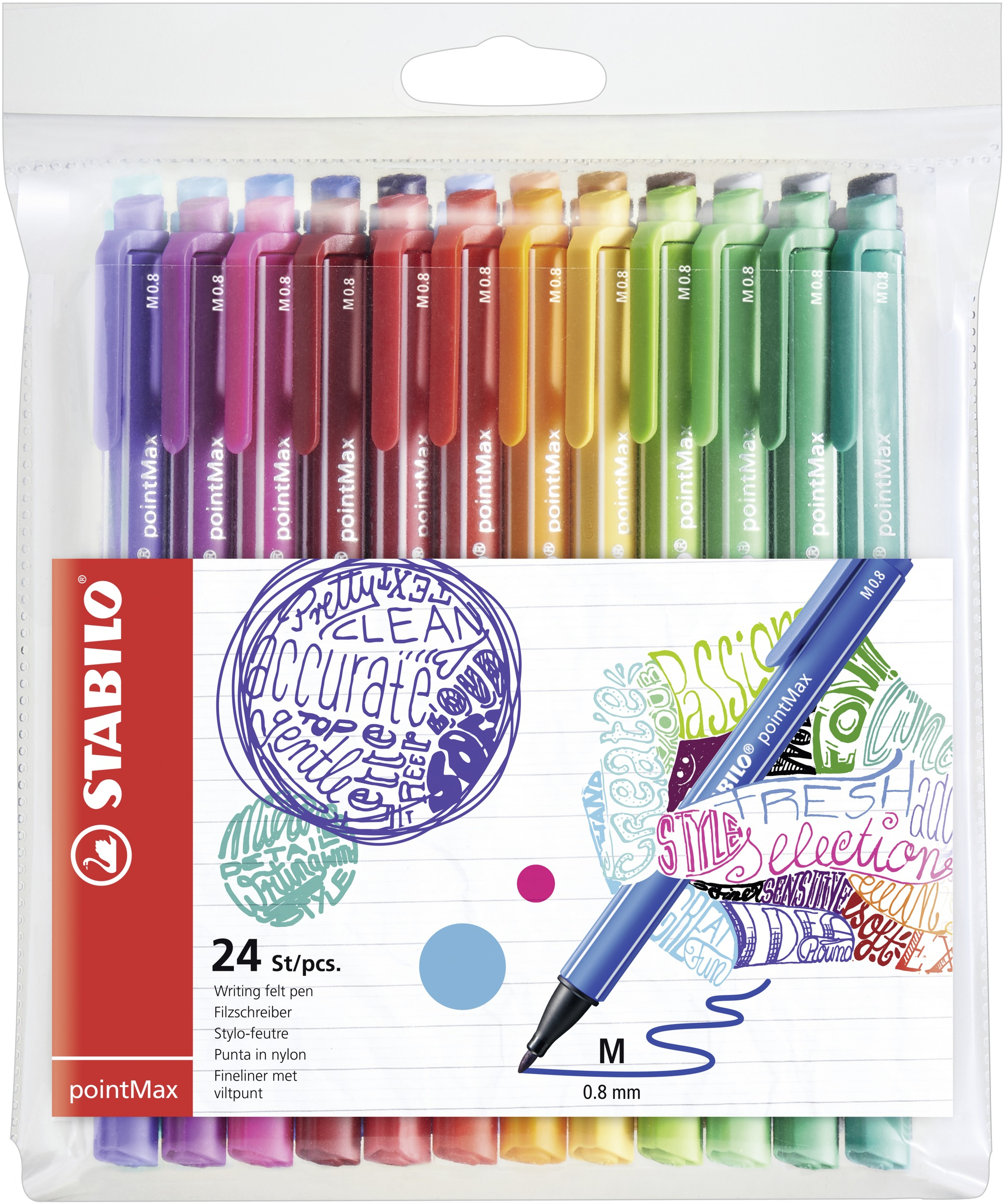 Verpackung mit 24 Stabilo pointMax Filzstiften in Regenbogenfarben.