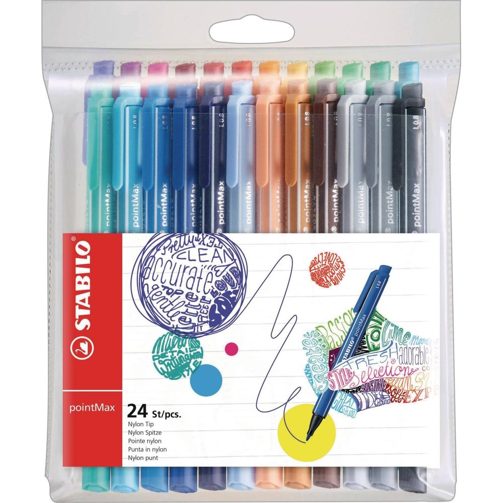 Verpackung mit 24 Stabilo PointMax Stiften in verschiedenen Farben.