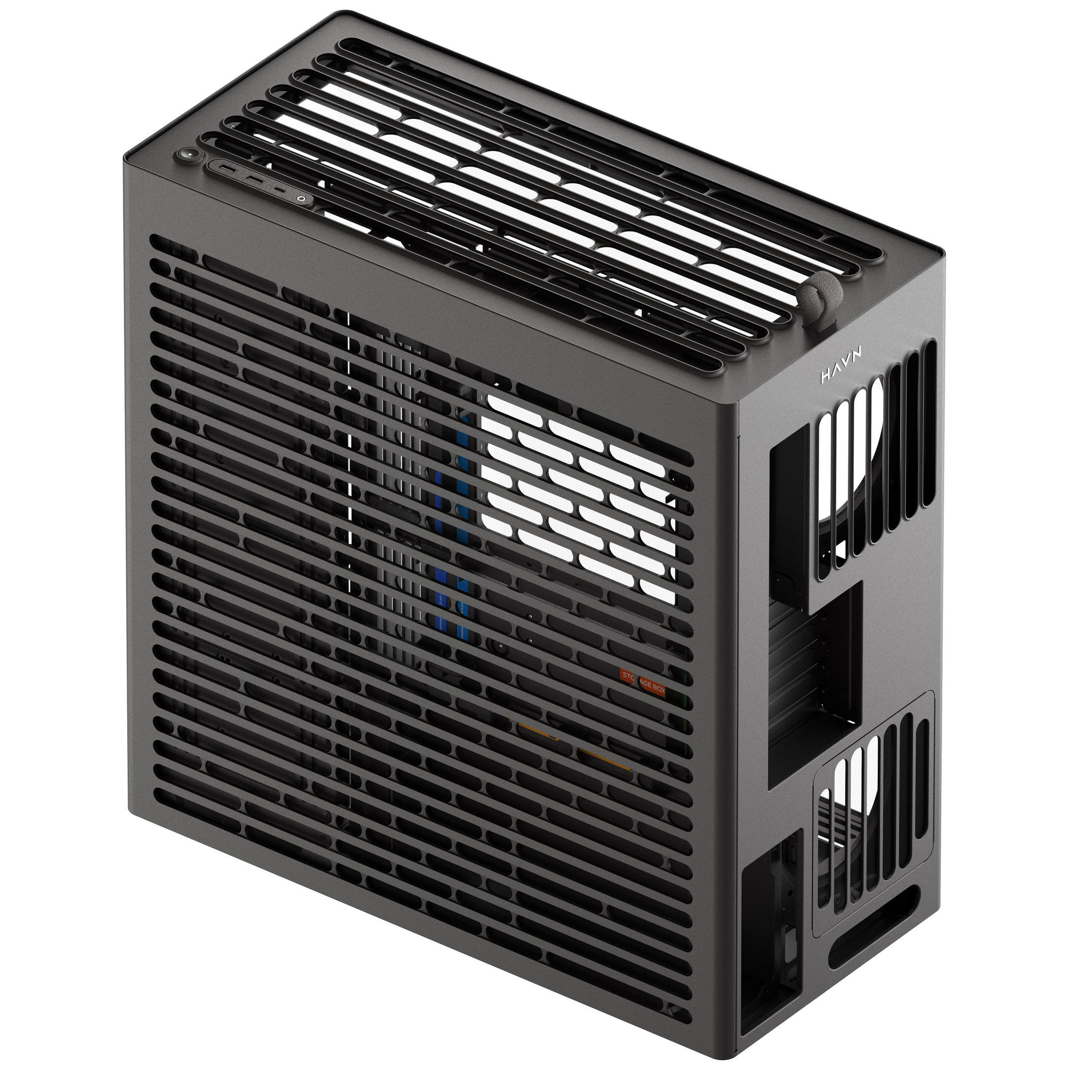 Ein dunkler, rechteckiger Computergehäuse mit Lüftungsschlitzen und Anschlüssen.
