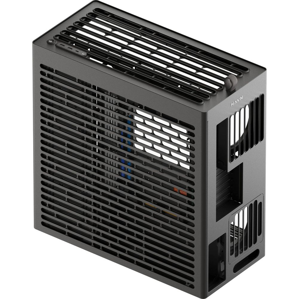 Ein dunkelgraues Computergehäuse mit belüftetem Design. Das HAVN-Logo ist sichtbar.