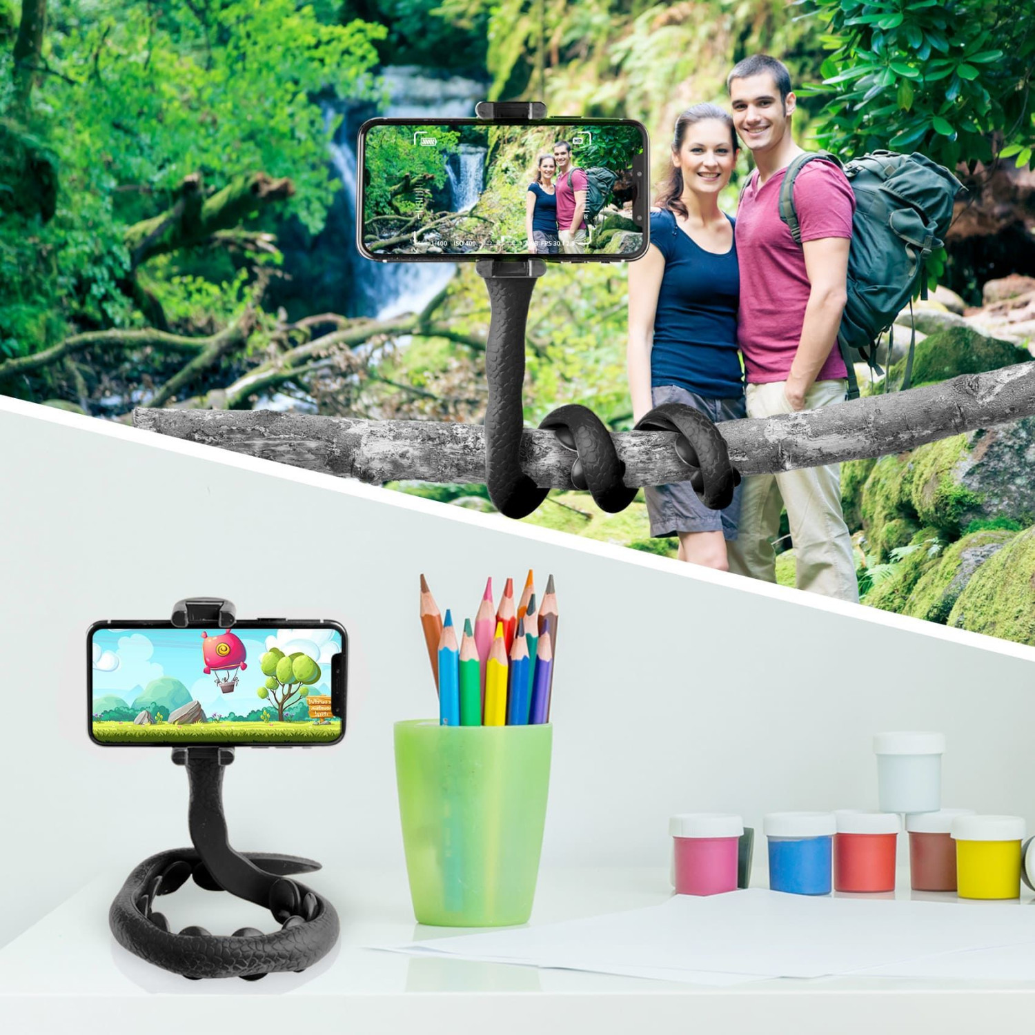 Flexibles Handy-Stativ mit einem Paar und einem Cartoon auf dem Bildschirm. Kunstbedarf in der Nähe.