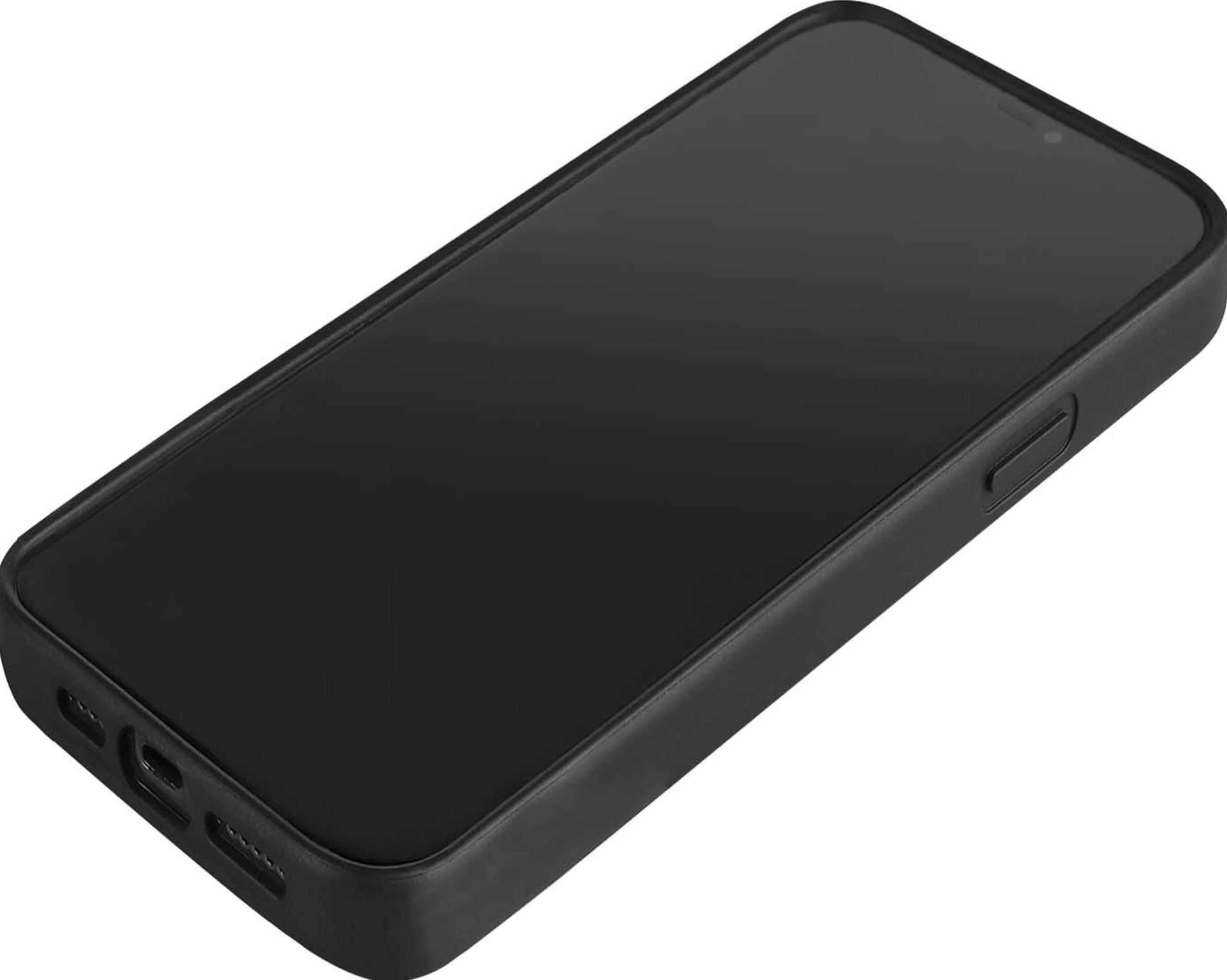 Ein schwarzes Smartphone in einer schwarzen Hülle, mit Fokus auf die Vorderseite.