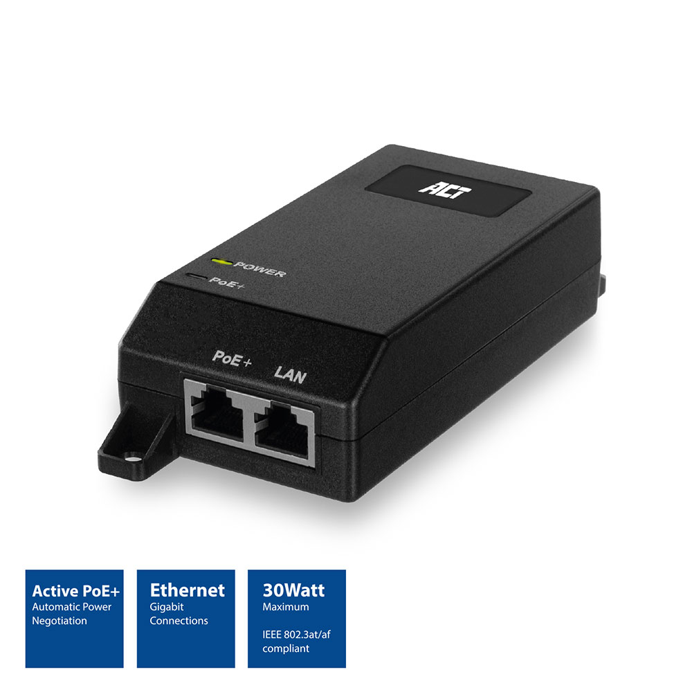 Iniettore LAN PoE+ nero con due porte Ethernet e logo ACT.