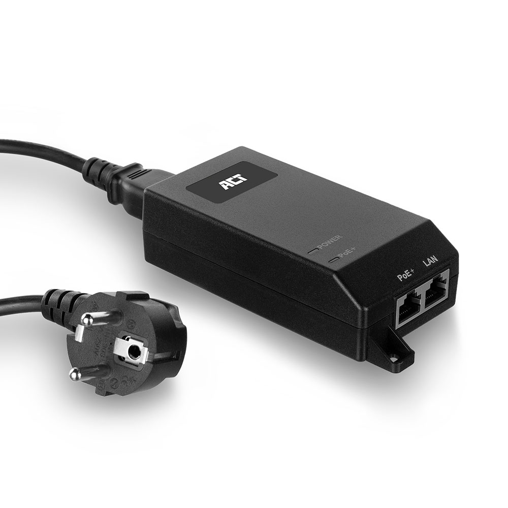 Iniettore PoE+ ACT nero con cavo di alimentazione e due porte Ethernet.