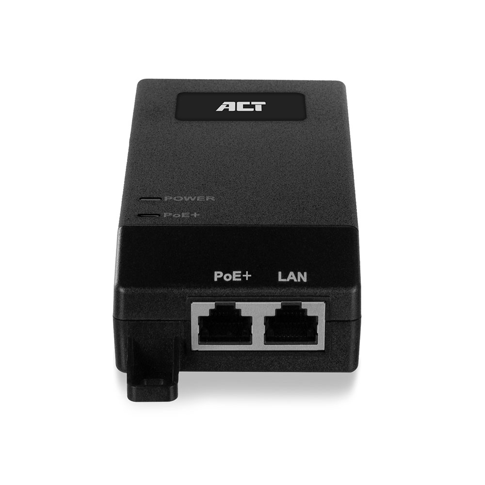 Un iniettore PoE nero con due porte Ethernet e logo ACT.