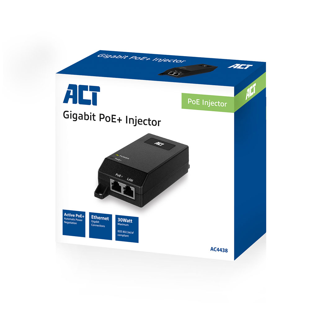 Iniettore PoE+ Gigabit ACT nero con due porte ed etichette.
