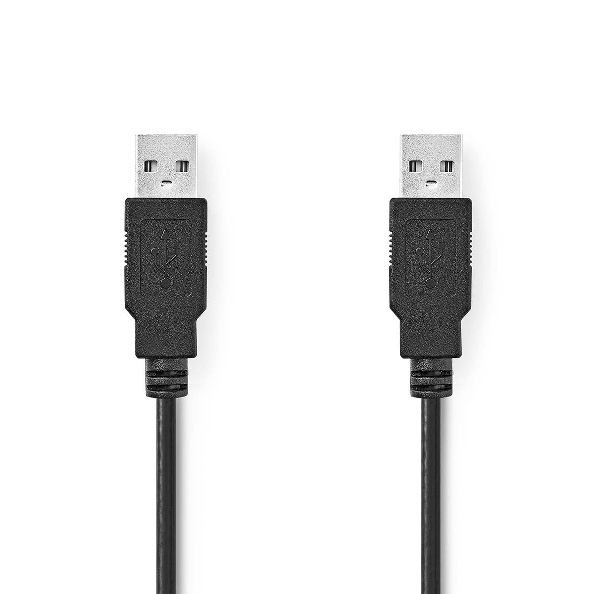 Zwei schwarze USB-Kabel mit silbernen Anschlüssen auf weißem Hintergrund.