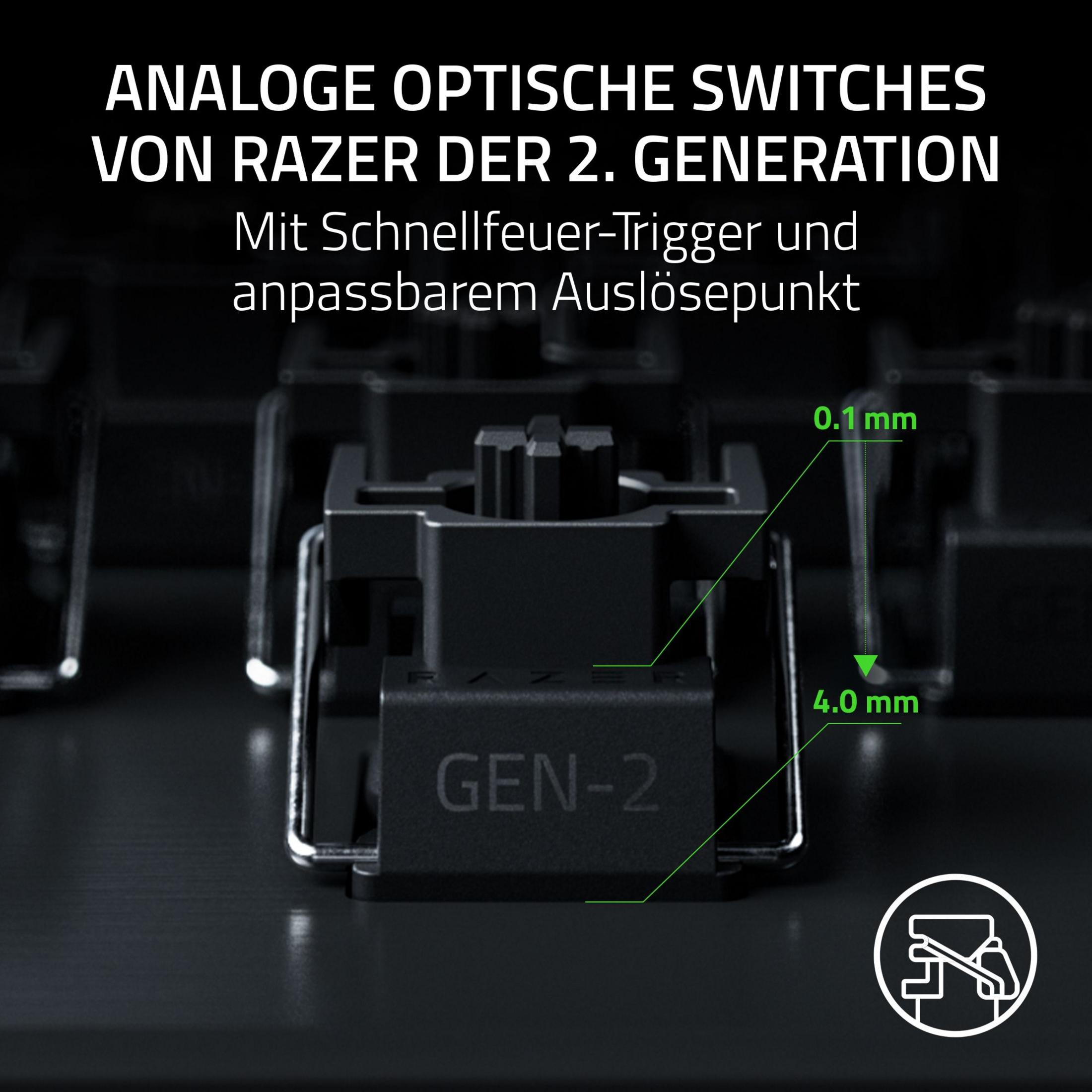 Primo piano di un interruttore ottico Razer Gen-2 nero con misure.