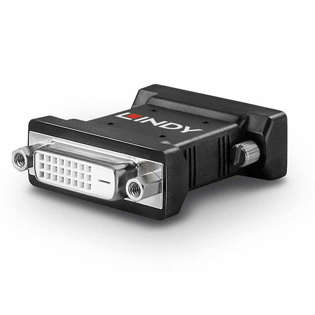 Schwarzer Lindy DVI-zu-HDMI-Adapter mit silbernem DVI-Anschluss und silberner Schraubensicherung.