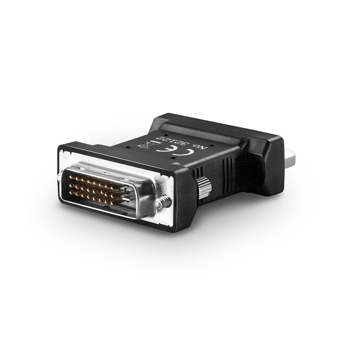 Ein schwarzer DVI-zu-VGA-Adapter mit CE-Zeichen und der Nummer 32122.