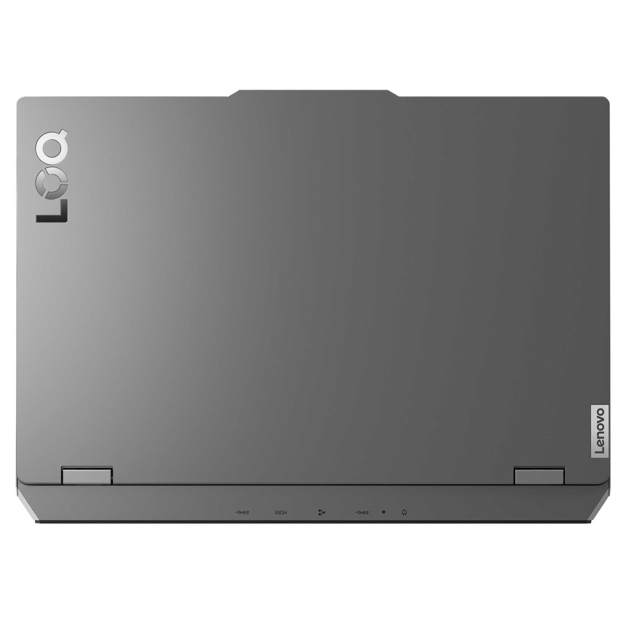 Arkada LOQ logosu ve Lenovo markası bulunan gri dizüstü bilgisayar.