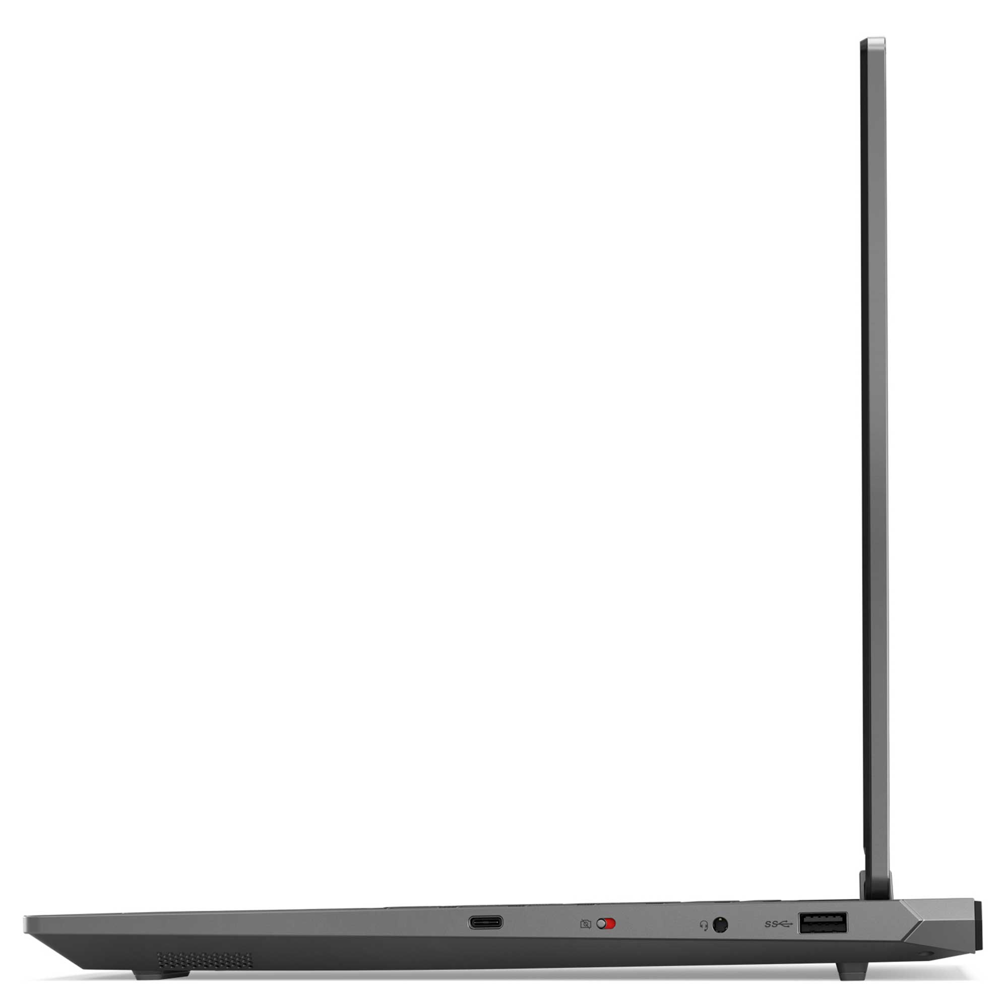 Gri dizüstü bilgisayarın yan görünümü, bağlantı noktaları: USB-C, kulaklık, USB-A.