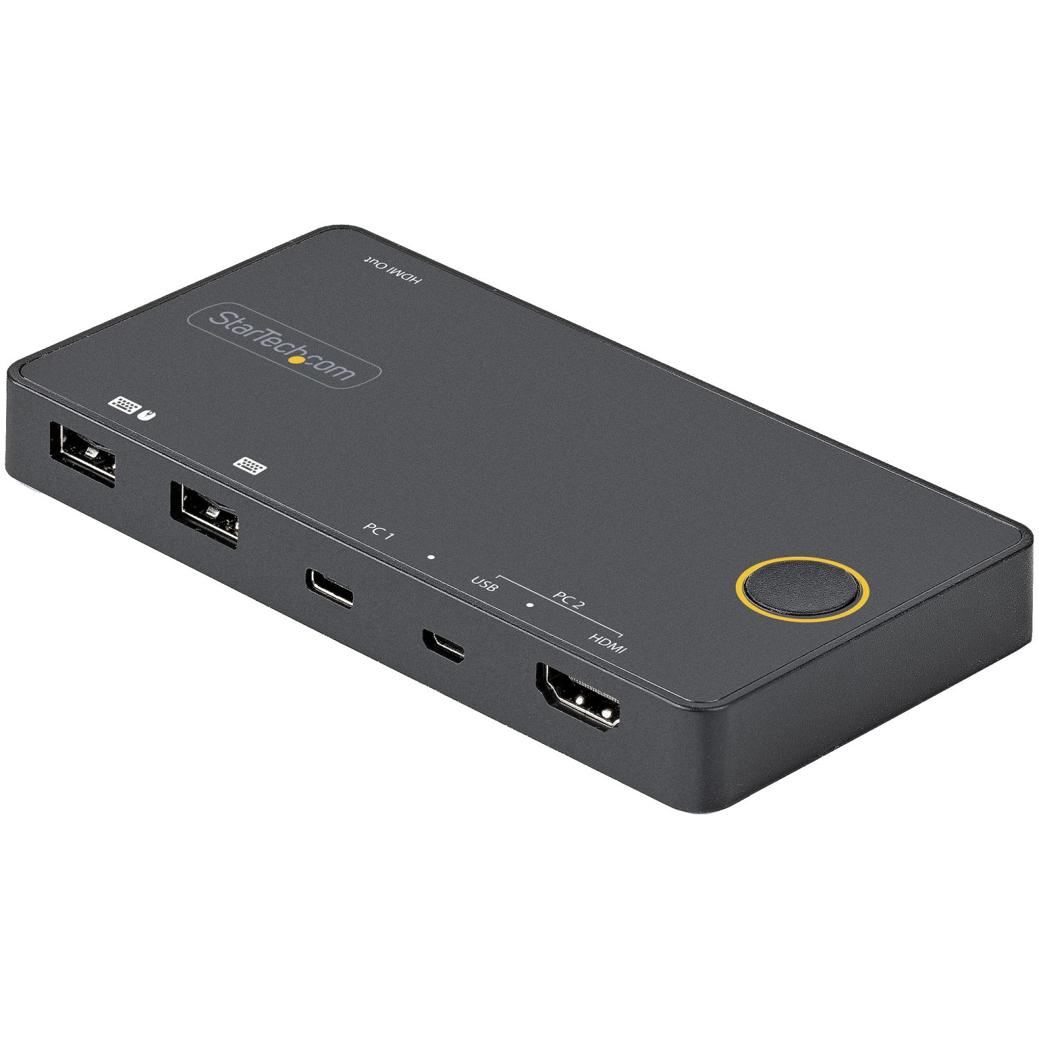 Schwarzer StarTech.com HDMI KVM-Switch mit USB-Anschlüssen, HDMI-Ausgang, PC1, PC2 und Taste.