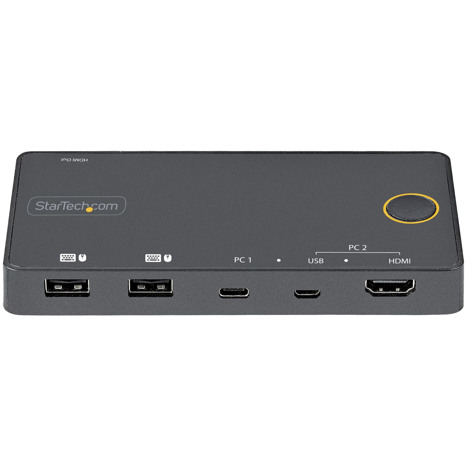Schwarzer StarTech.com KVM-Switch mit USB-, HDMI-Anschlüssen und Power-Taste.