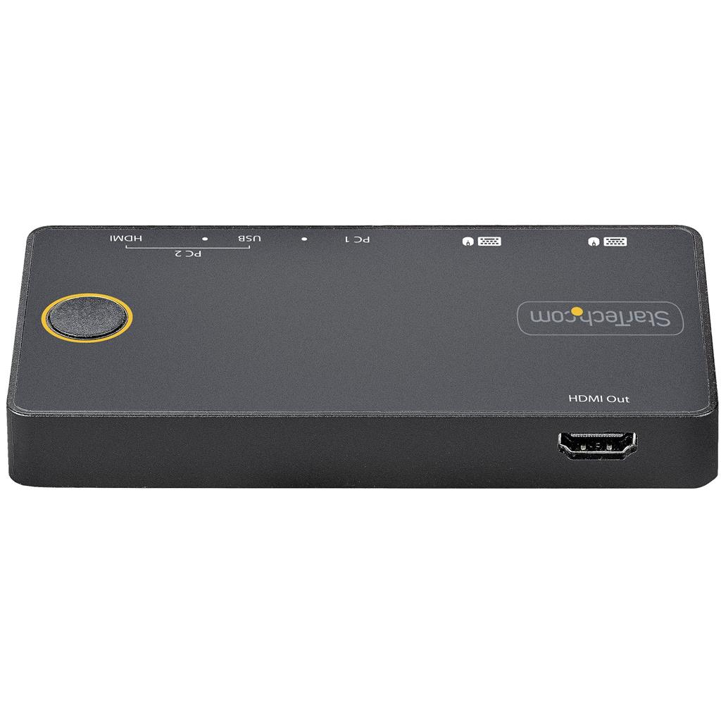 Schwarzer HDMI-Switch mit gelbem Knopf und Anschlüssen.