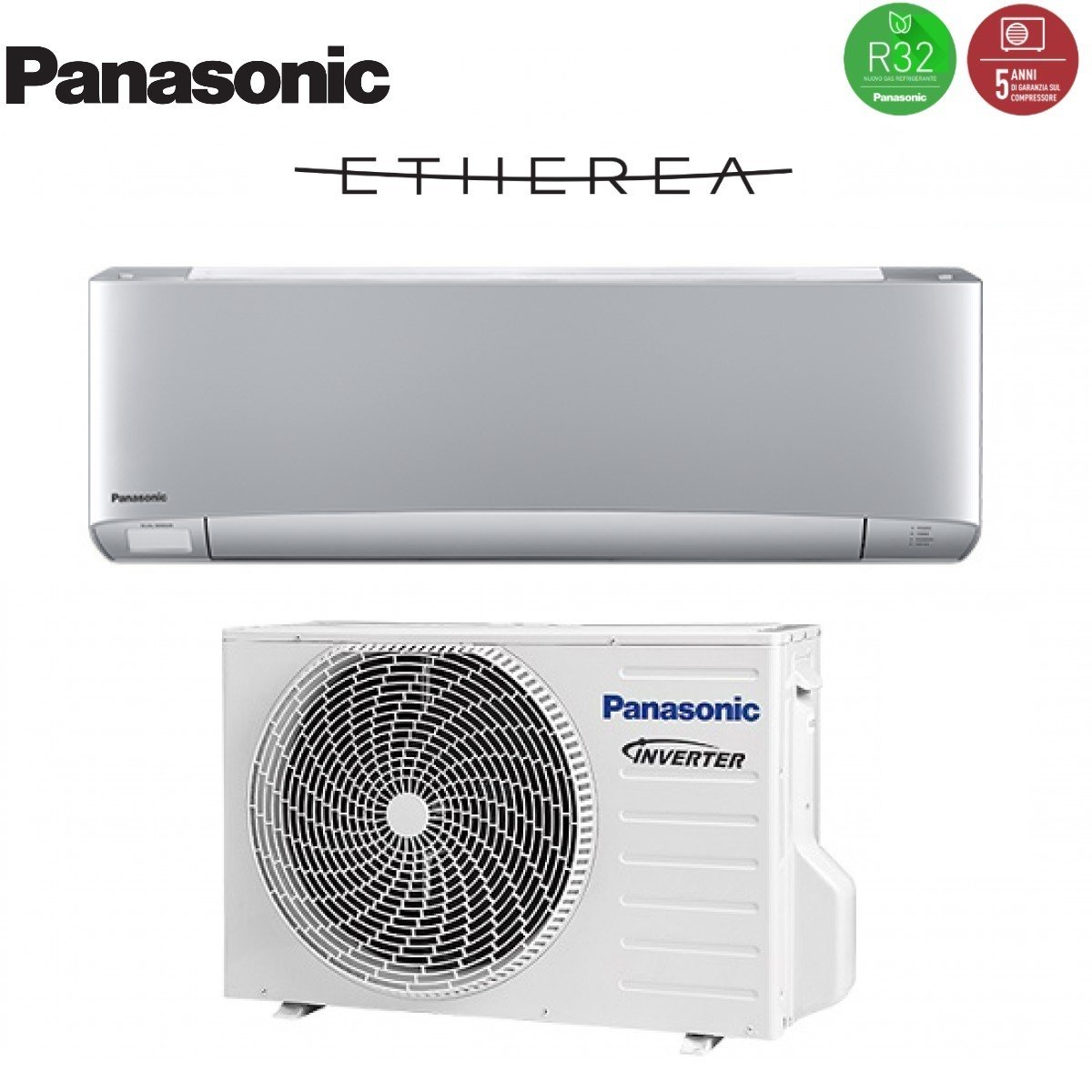Unità interna ed esterna condizionatore Panasonic argento con logo refrigerante R32.