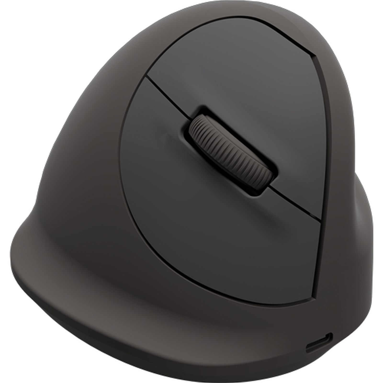 Eine schwarze vertikale Computermaus mit einem Scrollrad.
